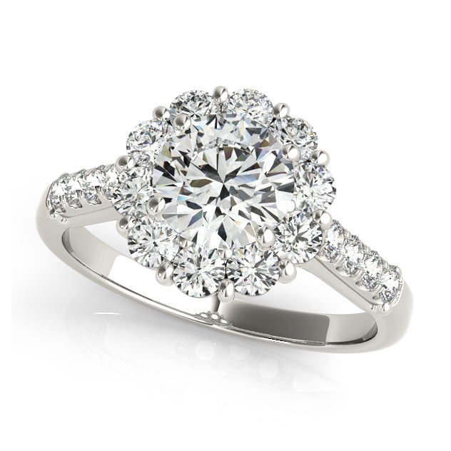 Floral-inspired halo engagement ring with 1CT Round Lab Diamond (VS1/F Color) and 18 pavé side stones crafted in 14K White Gold