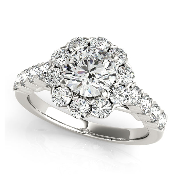 Floral halo engagement ring with 1CT Round Lab Diamond, 18 pavé side diamonds, intricate open gallery crafted in 14K White Gold