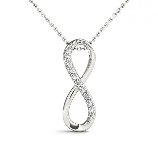 0.10CT lab diamond infinity pendant necklace in white gold with pavé-set round diamonds on a sleek, curved design, suspended from a 16-inch chain.