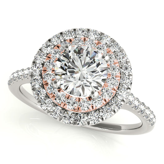 Double halo engagement ring with 1CT Round Lab Diamond set in 14K White and Rose Gold two-tone design with pavé split-shank band
