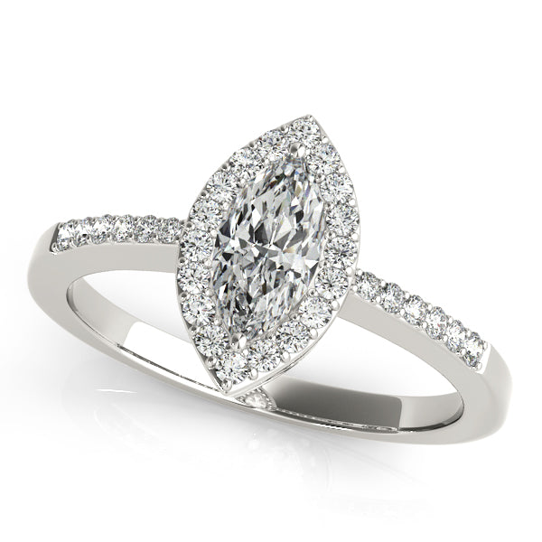Marquise-cut engagement ring featuring 1CT Marquise Cut Lab Diamond, tapered pavé band and secure prong setting in 14K White Gold