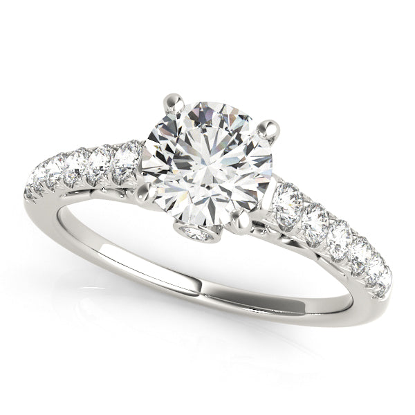 White gold solitaire engagement ring with 1CT Round Lab Diamond and 14 side diamonds, hidden scroll gallery crafted in 14K White Gold