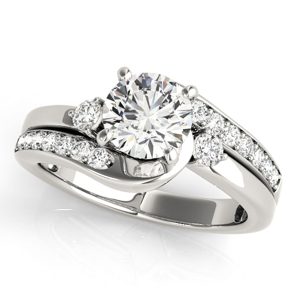 Halo engagement ring with 1CT Round Lab Diamond, 16 side diamonds and three-stone accents crafted in sleek 14K White Gold design