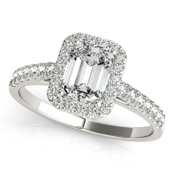 Emerald-cut engagement ring with 1CT Emerald Cut Lab Diamond, pavé halo and scalloped under-gallery crafted in 14K White Gold