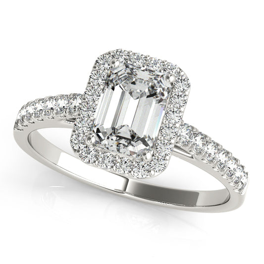Emerald-cut engagement ring with 1CT Emerald Cut Lab Diamond, pavé halo and scalloped under-gallery crafted in 14K White Gold