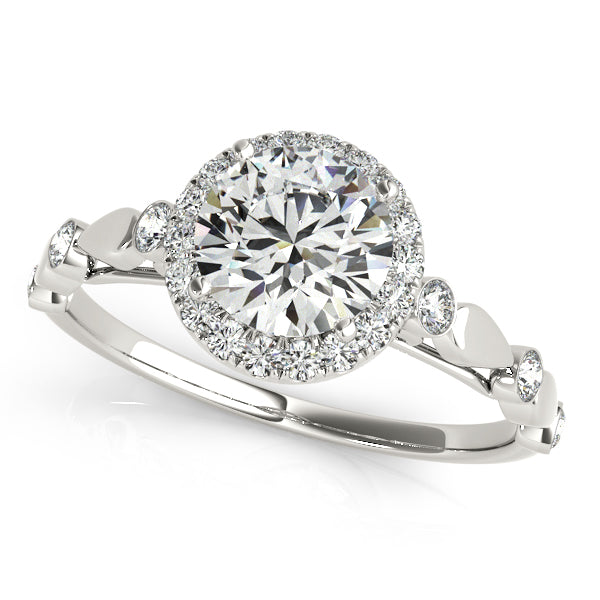 Round-cut engagement ring featuring 1CT Round Lab Diamond, marquise accents and vintage scrollwork crafted in 14K White Gold (VS1/F Color)