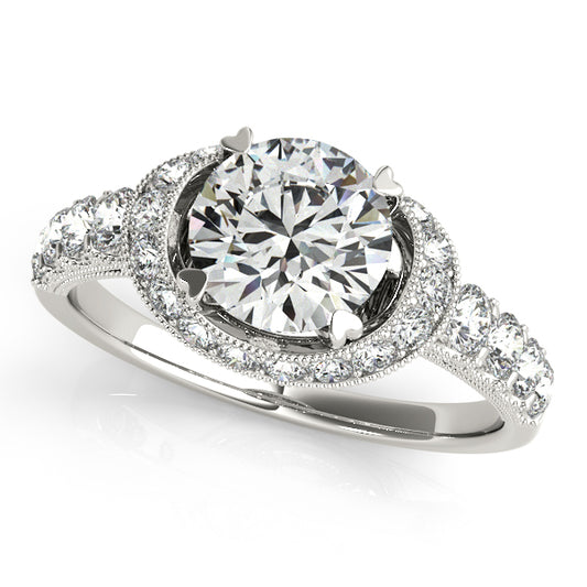 Crown-style round-cut engagement ring with 1CT Lab Diamond, milgrain halo and split-shank in 14K White Gold