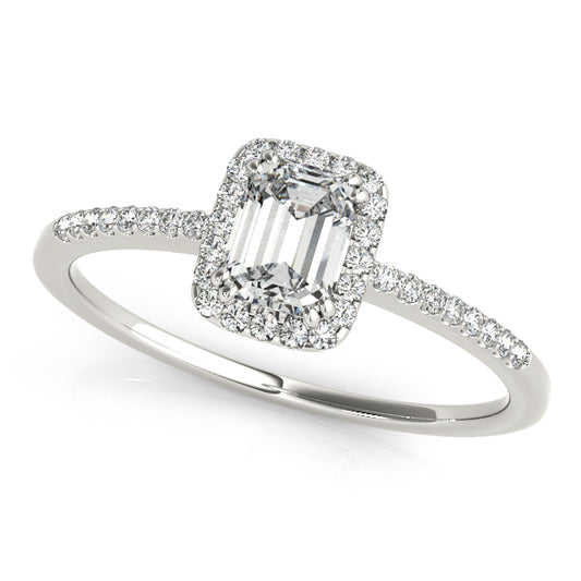 Emerald-cut engagement ring with 1CT Emerald Cut Lab Diamond, halo and scalloped under-gallery crafted in 14K White Gold