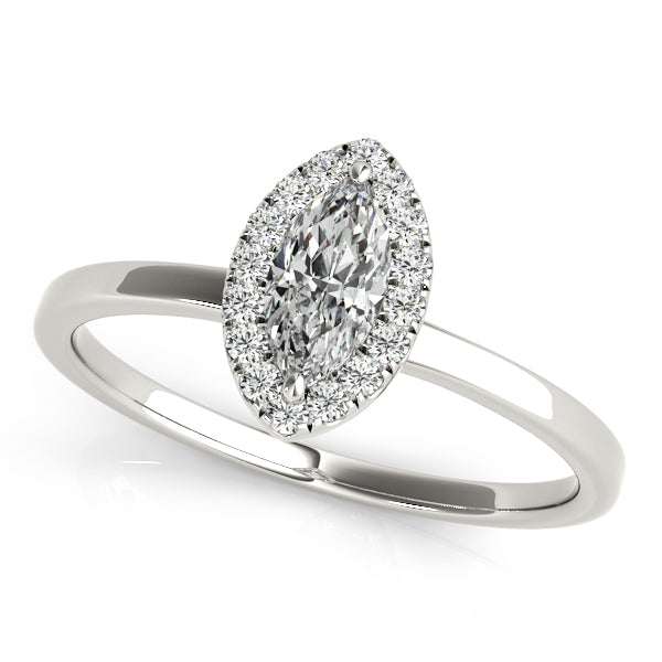 Marquise-cut engagement ring with 1CT Marquise Cut Lab Diamond, four-prong halo setting and clean polished band crafted in 14K White Gold (VS1/F Color)