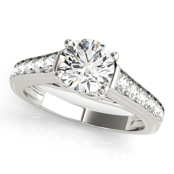 Solitaire engagement ring with 1CT Round Lab Diamond, 12 side diamonds and tapered white gold band crafted in 14K White Gold