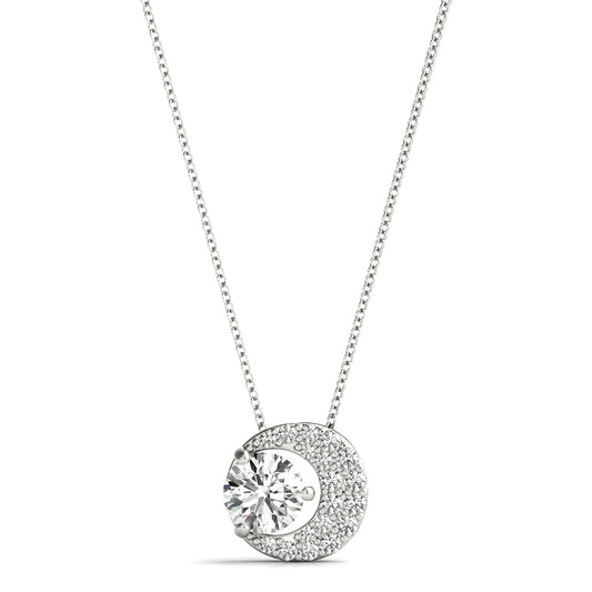 Crescent moon pendant with round diamond in white gold, featuring pave-set lab-grown diamonds on a delicate 16-inch chain