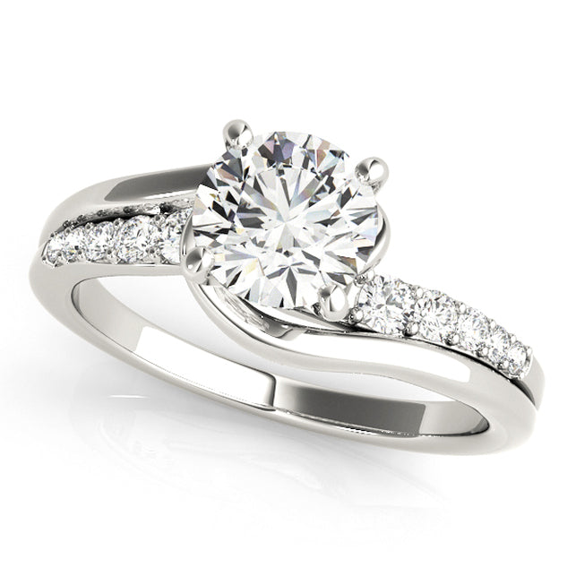 Bypass solitaire engagement ring with 1CT Round Lab Diamond, 10 pavé side diamonds, sleek white gold design for modern elegance