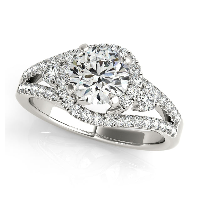 Three-stone halo engagement ring with 1CT Round Lab Diamond, delicate split-shank pavé band crafted in 14K White Gold (VS1/F Color)