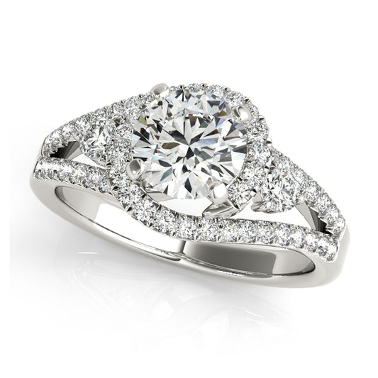 Three-stone halo engagement ring with 1CT Round Lab Diamond, delicate split-shank pavé band crafted in 14K White Gold (VS1/F Color)