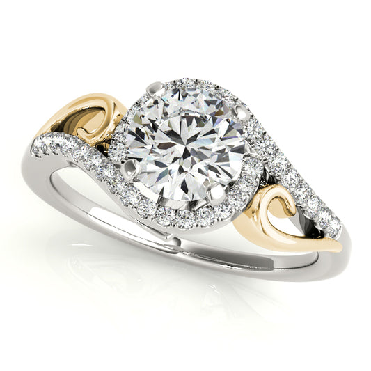 Two-tone round engagement ring with 1CT Round Lab Diamond, white and yellow gold and pavé halo band