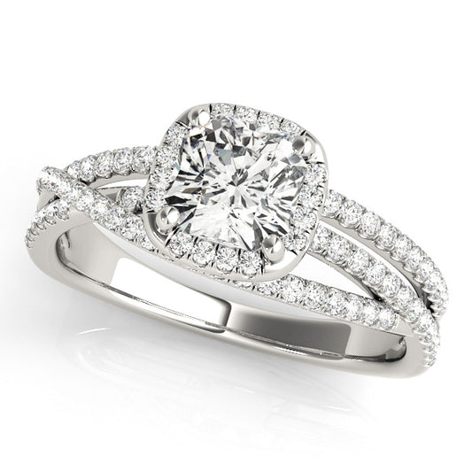 Split-shank engagement ring with 1CT Cushion Cut Lab Diamond, diamond halo and 58 side stones crafted in 14K White Gold