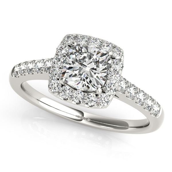 Split-shank engagement ring featuring 1CT Princess Cut Lab Diamond, diamond halo and 62 pavé side stones crafted in 14K White Gold