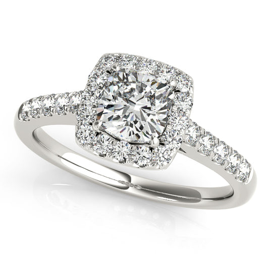 Split-shank engagement ring featuring 1CT Princess Cut Lab Diamond, diamond halo and 62 pavé side stones crafted in 14K White Gold