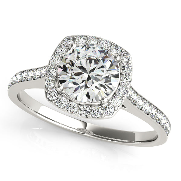 Elegant round-cut engagement ring with 1CT Round Lab Diamond, cushion halo, 38 pavé diamonds in 14K White Gold
