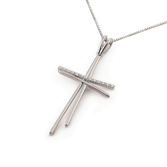 Diamond double cross pendant in 18K white gold with sleek split bars and natural round diamonds, Encore DT exclusive Italian design