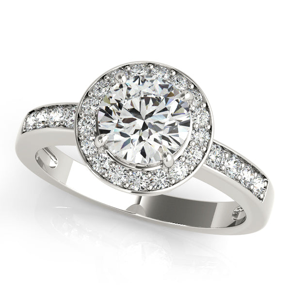 Round-cut engagement ring with 1CT Lab Diamond, elevated halo, channel-set sides, and modern band in 14K White Gold