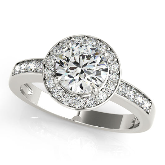 Round-cut engagement ring with 1CT Lab Diamond, elevated halo, channel-set sides, and modern band in 14K White Gold