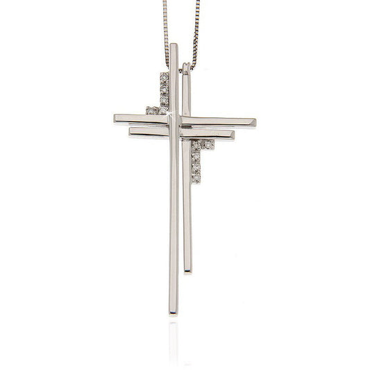 Double cross pendant necklace in 18K white gold with layered geometric cross bars and natural diamonds, Encore DT exclusive