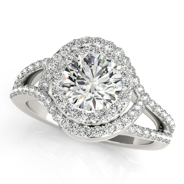 Double halo engagement ring with 1CT Lab Diamond, crisscross split-shank and pave diamonds in 14K White Gold