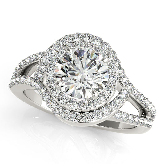 Double halo engagement ring with 1CT Lab Diamond, crisscross split-shank and pave diamonds in 14K White Gold