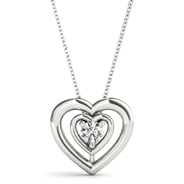White gold heart pendant necklace with round-cut lab diamond, double open-heart design, and 16-inch chain.