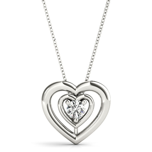 White gold heart pendant necklace with round-cut lab diamond, double open-heart design, and 16-inch chain.