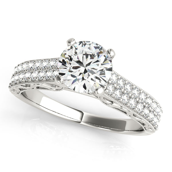 Vintage-inspired halo engagement ring with 1CT Round Lab Diamond, 36 pavé diamonds, intricate charm in 14K White Gold