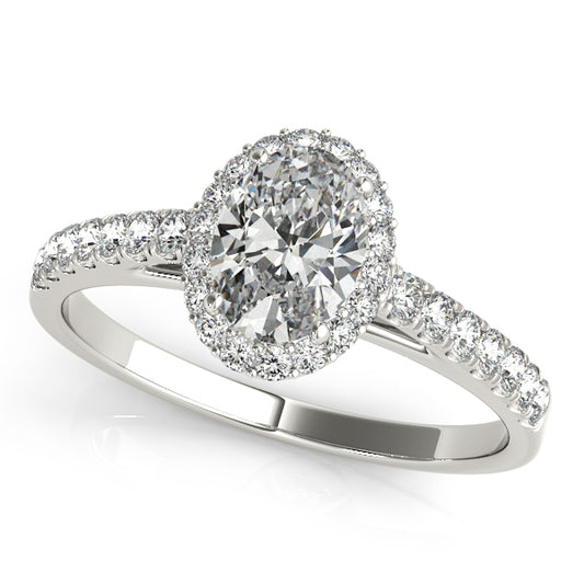 Oval-cut engagement ring with 1CT Oval Cut Lab Diamond, pavé halo, tapered band and timeless charm crafted in 14K White Gold