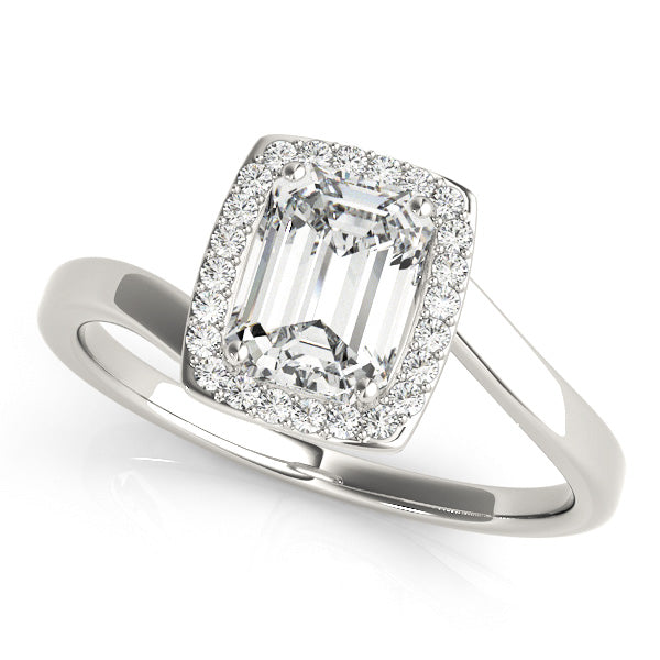 Emerald-cut halo engagement ring with 1CT Emerald Lab Diamond, 24 side diamonds and soft curves crafted in 14K White Gold