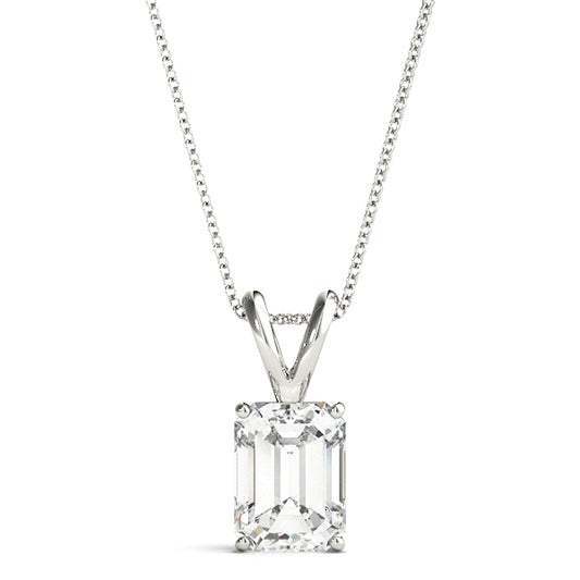 Emerald-cut solitaire lab diamond pendant in white gold with a 1CT VS1 E color diamond in a four-prong setting