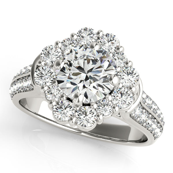 Floral-inspired round-cut engagement ring with 1CT Round Lab Diamond, halo and split-shank pavé band in 14K White Gold