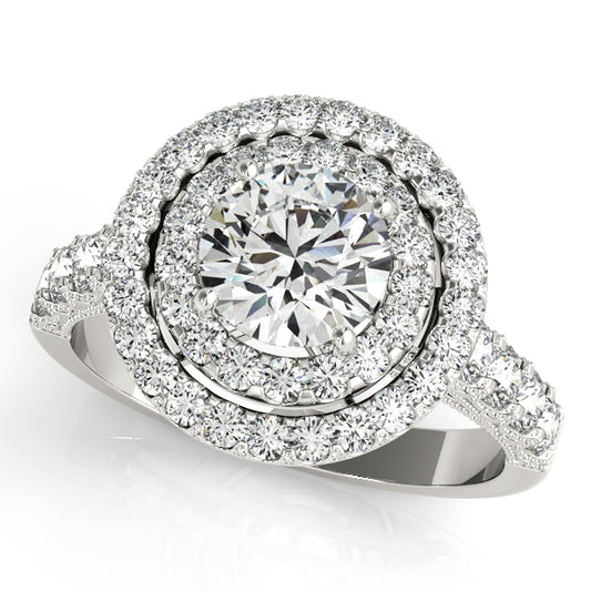 Classic round-cut engagement ring with 1CT Round Lab Diamond, double halo, milgrain and pavé band in 14K White Gold (VS1/F Color)