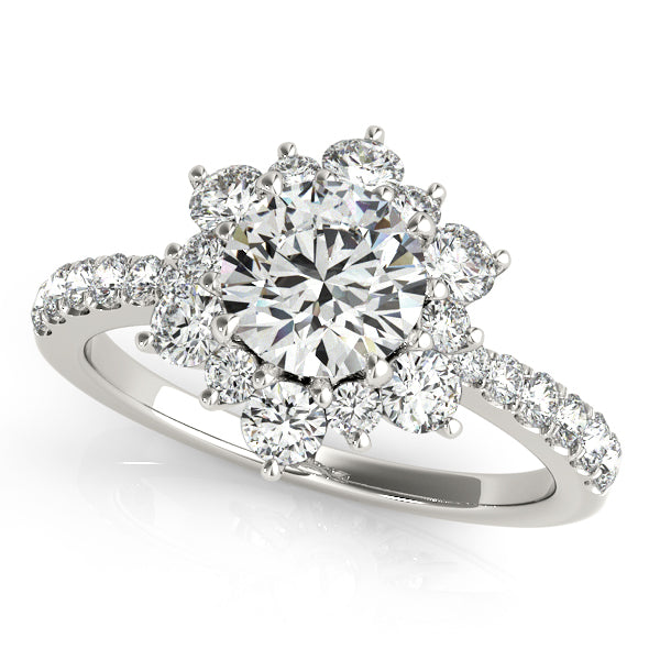 Round halo engagement ring with 1CT Round Lab Diamond (VS1/F Color), 24 pavé diamonds, open gallery and sleek 14K White Gold band