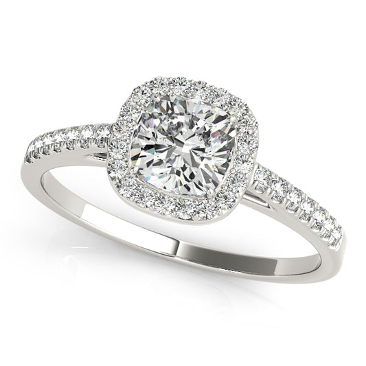 Square halo engagement ring with 1CT Princess Cut Lab Diamond, channel-set side diamonds and milgrain crafted in 14K White Gold