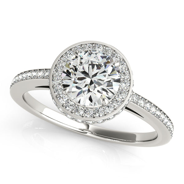 Modern double halo round engagement ring with 1CT Lab Diamond, sculptural bridge and split-shank in 14K White Gold