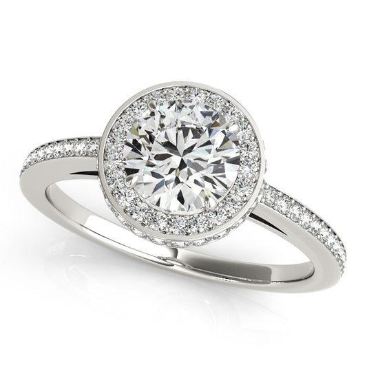 Modern double halo round engagement ring with 1CT Lab Diamond, sculptural bridge and split-shank in 14K White Gold