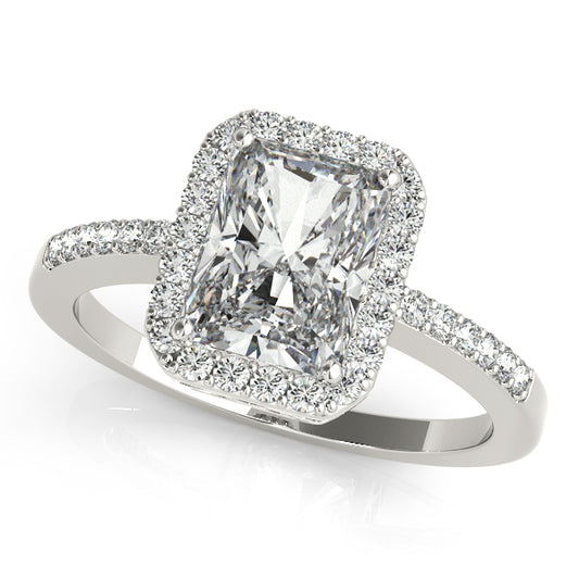 Emerald-cut engagement ring with 1CT Emerald Cut Lab Diamond, solitaire band and halo crafted in 14K White Gold (VS1/F Color)