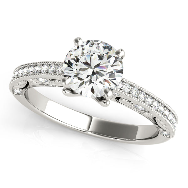 Halo engagement ring with 1CT Round Lab Diamond, 47 pavé side diamonds, open gallery, and vintage milgrain band in 14K White Gold