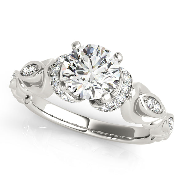 Botanical-inspired halo engagement ring with 1CT Round Lab Diamond, 26 diamonds, leaf motifs crafted in 14K White Gold