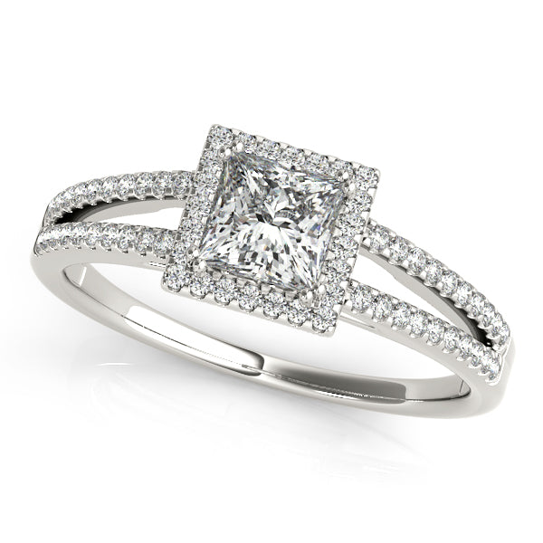 Floral halo engagement ring with 1CT Princess Cut Lab Diamond and tapered diamond band crafted in elegant 14K White Gold
