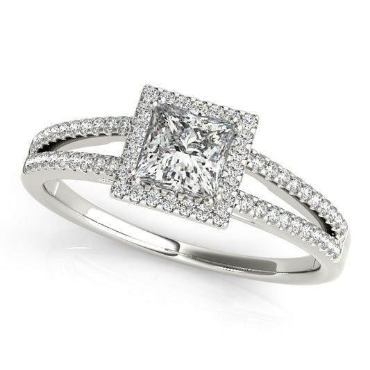 Floral halo engagement ring with 1CT Princess Cut Lab Diamond and tapered diamond band crafted in elegant 14K White Gold