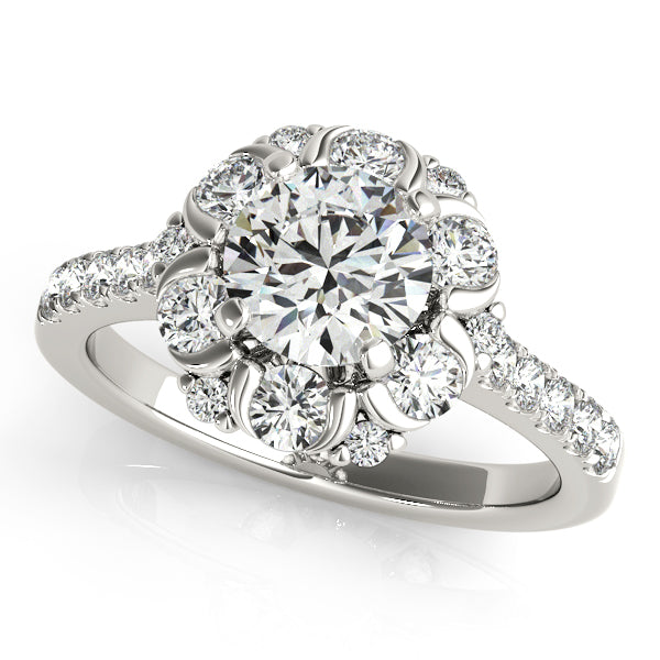 Floral halo engagement ring with 1CT Round Lab Diamond, pavé side stones and open floral gallery crafted in 14K White Gold