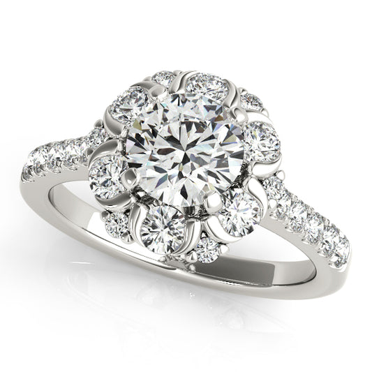 Floral halo engagement ring with 1CT Round Lab Diamond, pavé side stones and open floral gallery crafted in 14K White Gold