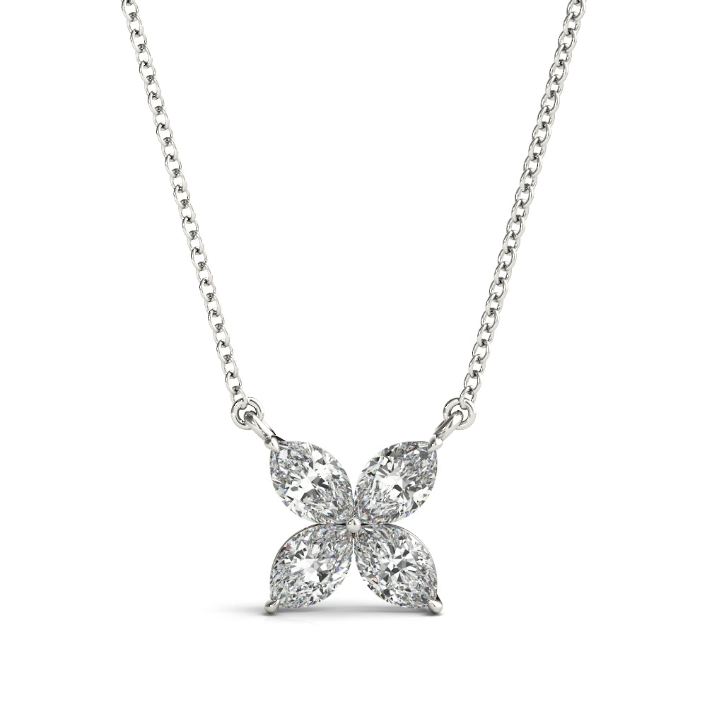Floral pendant with marquise-cut lab diamonds in white gold, featuring a nature-inspired design with a fine 16-inch chain.