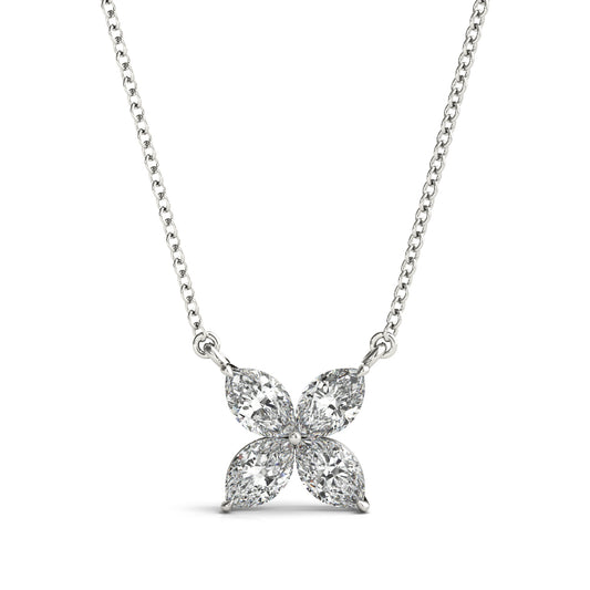 Floral pendant with marquise-cut lab diamonds in white gold, featuring a nature-inspired design with a fine 16-inch chain.